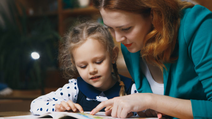 Mother Helping Kid After School. Preschooler Doing Homework With